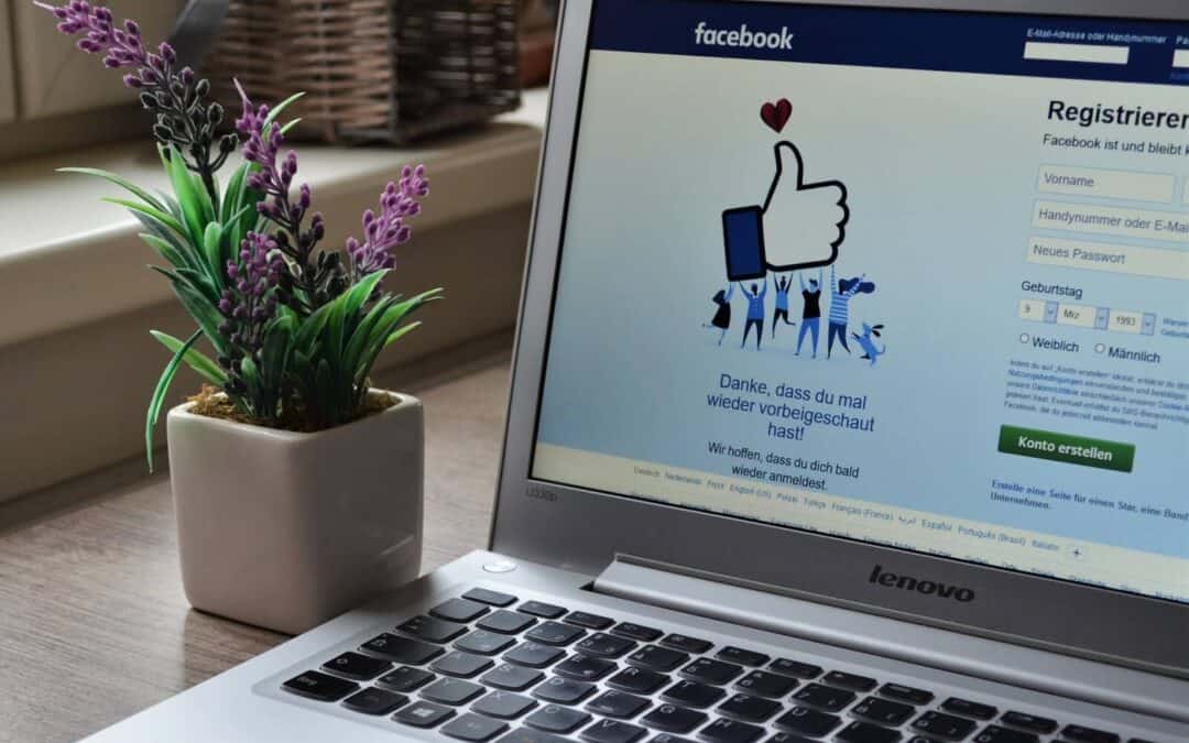Picture of computer with Facebook login screen pulled up. A small purple plant is beside the computer.