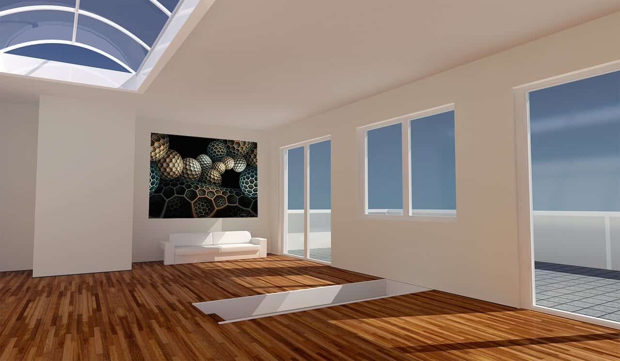 A 3D model of the interior design of a white room, with big windows showing an empty patio on the right, a ceiling window up-left, and a couch with a painting of AR geometric shapes in the back. The wooden floor has a staircase in the middle leading to the story underneath.
