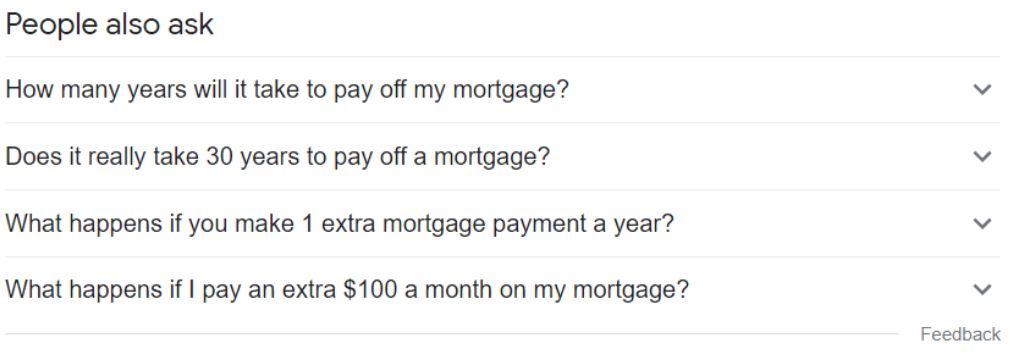 Snippet of the People Also Ask section on Google Search for Mortgage Payments