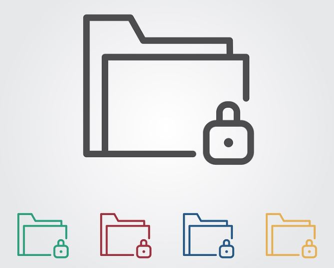 Black outline vector of a folder with a lock in the lower right corner on a grey background. In the footer, the same vector is shown as a smaller icon in a green, red, blue, and yellow variation.