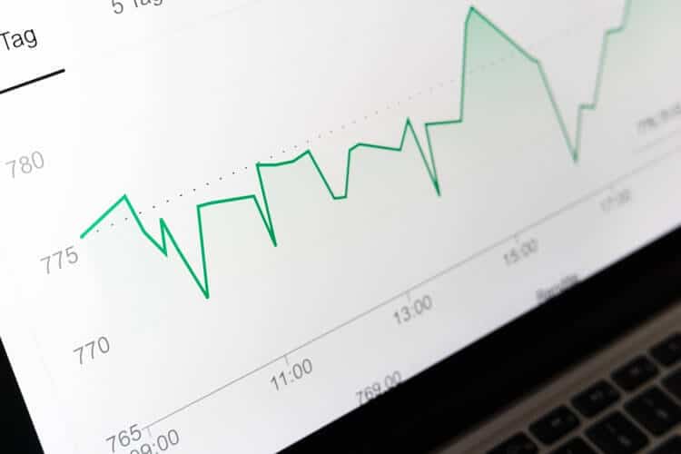 Laptop screen showing graph of a green line representing profit margins going up qnd down